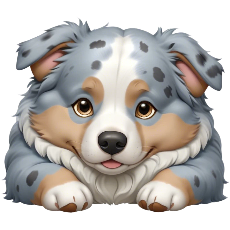 Cinematic Meme-Worthy Chubby Sleeping Blue Merle Australian Shepherd Portrait Emoji, Head resting peacefully with a contented smile, showcasing a delightfully chubby build and a luxuriously soft blue merle coat with striking white accents, eyes shut in a serene nap, Simplified yet hilariously adorable features, highly detailed, glowing with a soft, drowsy light, high shine, relaxed and utterly lovable, stylized with an air of playful laziness, bright and heartwarming, soft glowing outline, capturing the essence of a comically sleepy Blue Merle Australian Shepherd, so meme-worthy it feels like it could instantly become the next viral sensation of adorable slumber! emoji