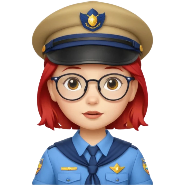 scout girl baby with uniform including the hat,  little with glassess and red hair emoji