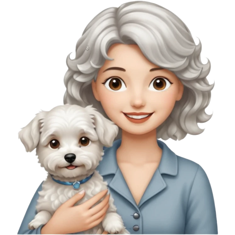 silver, short, wavy-haired with loose curls, smiling pretty lady holding westie dog and lhasa apso dog emoji