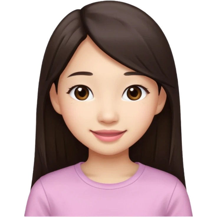 Asian girl, 17, light skin, long dark brown straight hair, big brown eyes, soft pink lips, smiling like an emoji, cute and friendly look, white simple top, portrait from head to chest, white background. emoji