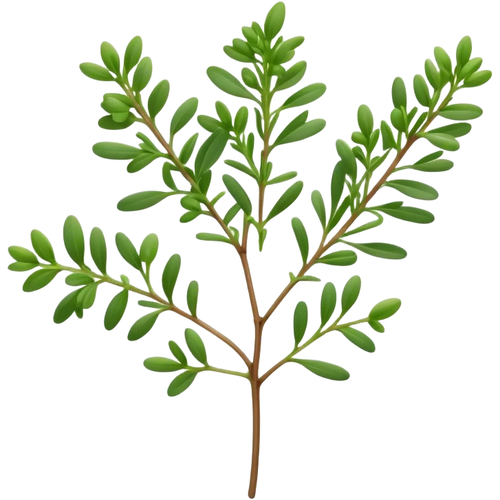 Cinematic Realistic Thyme Emoji, Compact and earthy, with tiny green leaves densely packed on delicate stems. The soft fragrance of the leaves fills the air, creating an atmosphere of warmth and subtle richness. Soft glowing outline, capturing the essence of simplicity and natural healing in a sprig of thyme! emoji