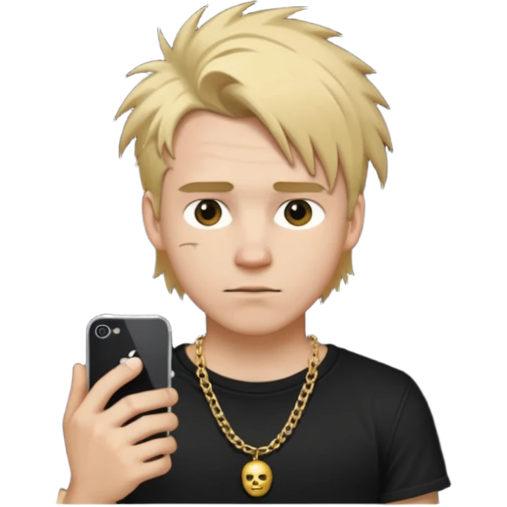 make a iphone emoji who is a white man that looks young with messy blonde medium hair with a black punk shirt and a golden neckless emoji
