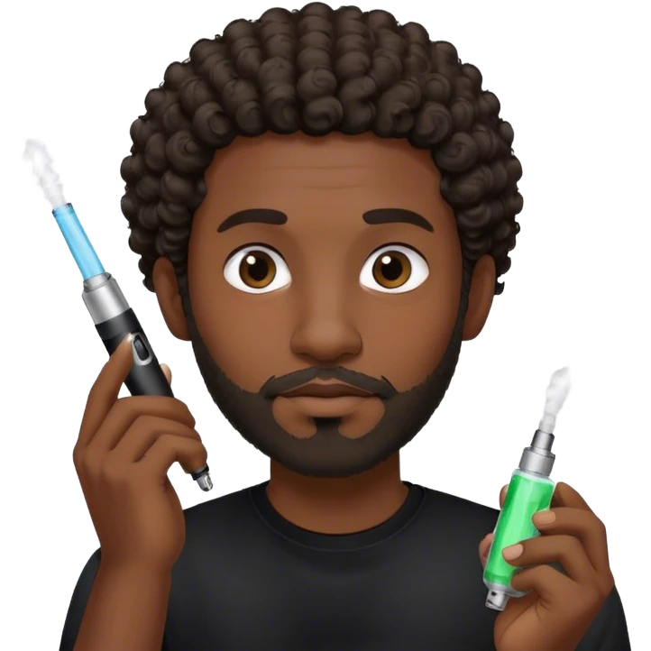 dark black guy, short curly hair, facial hair, holding vape, black shirt  emoji