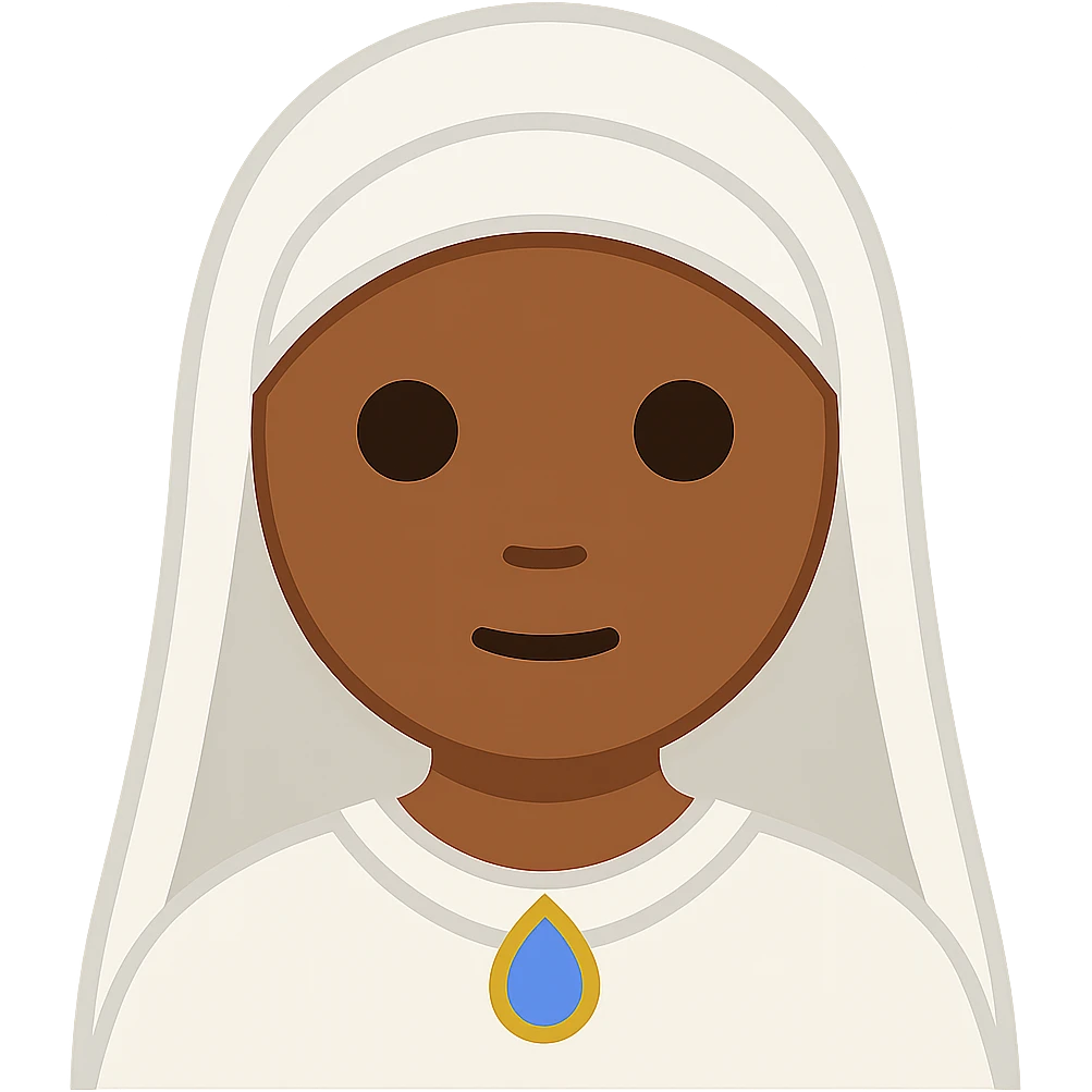 Edit the image of Virgin Mary to have medium brown tanned skin with simplified emoji traits, a round face, minimal details, large eyes, and a small mouth. Remove the background. The style should resemble a simplified emoji look with minimal details and a clean appearance. emoji