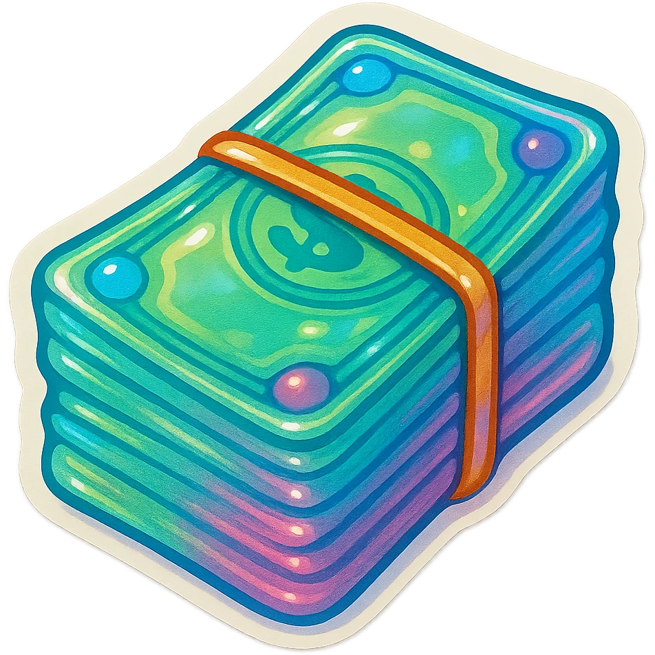 hyper-detailed retro 90's toy style stack of cash held together with a rubber band, very transparent soft plastic, soft reflections, soft and squishy, some cloudiness, not shiny, highly detailed, appealing, hyper-realistic, soft plastic, semi-transparent, colorful, matching the style and material of transparent toy fish and ocean creatures emoji