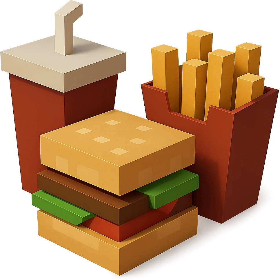 A burger and fries combo meal with drink, clean geometric 3D blocks style emoji