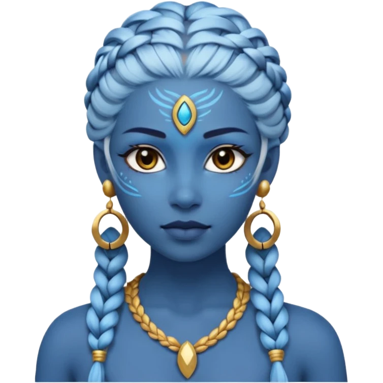 Draw a Na’vi female with glowing blue skin, white forehead markings, braided hair, gold earrings & a calm gaze. emoji