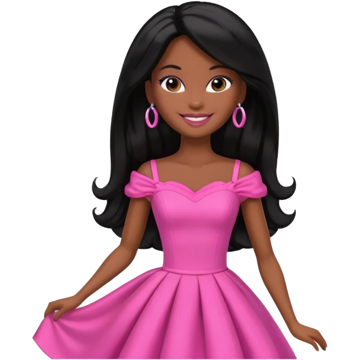 Make skin Darker skin Black barbie, long black  hair, pink dress emoji