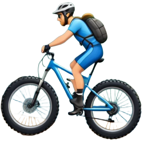 An icon featuring a forest trail or rocky mountain road. The background shows dense trees, steep slopes, and distant peaks under a clear blue sky with mountain bike with wide tires, positioned on  Transparent background highlights the thrill and rugged beauty of mountain biking. emoji