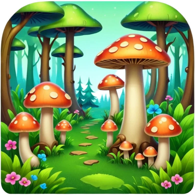 A stylized fantasy forest with glowing mushrooms and colorful tree emoji