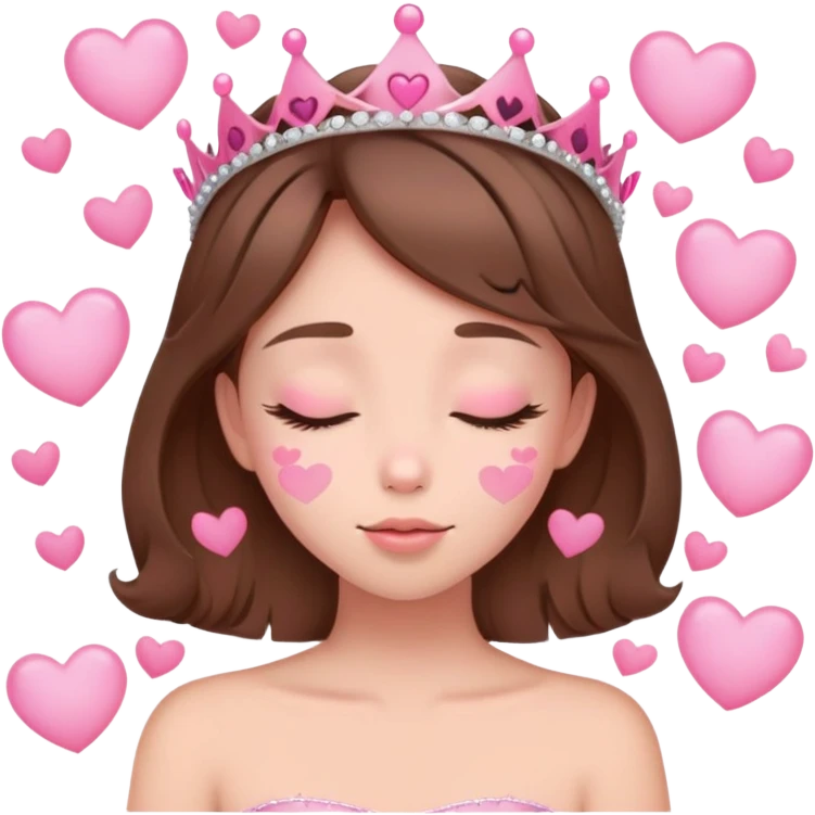 cute, blushing, eyes closed, pink hearts floating around face, pink tiara on girl with brown hair emoji
