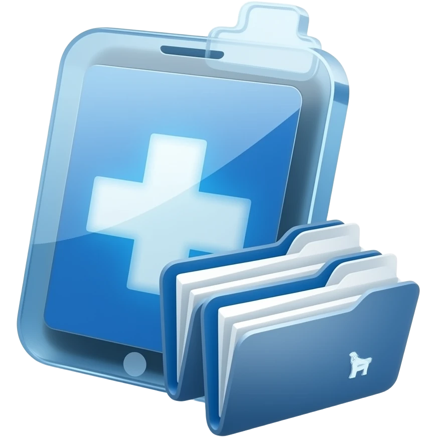 Modern flat icon of a glowing transparent digital tablet with a medical cross logo. On the screen, neatly organized digital file folders are being categorized. Represents efficient patient archiving and resource management. Deep blue and white colors, vector graphic aesthetic, sharp edges. emoji