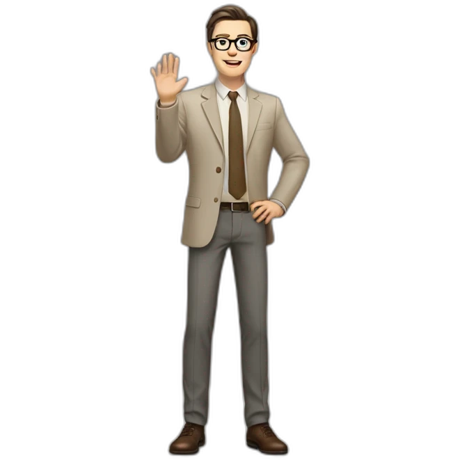 Full height Actively gesturing with hands Pale skinned fit man with dark brown hair in gray jacket, beige office shirt, brown tie, brown pants and vintage glasses. emoji