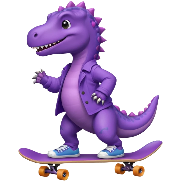 a purple dinosaur on a skateboard wearing a coat with sneakers in the bottom emoji