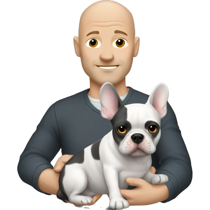 Bald man holding dark grey french bulldog  emoji
