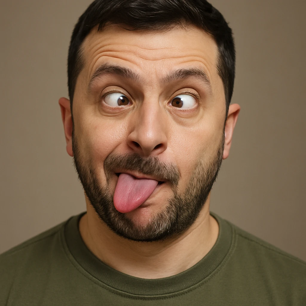 Vladimir Zelensky, photorealistic, emoji style, making a playful silly face emoji