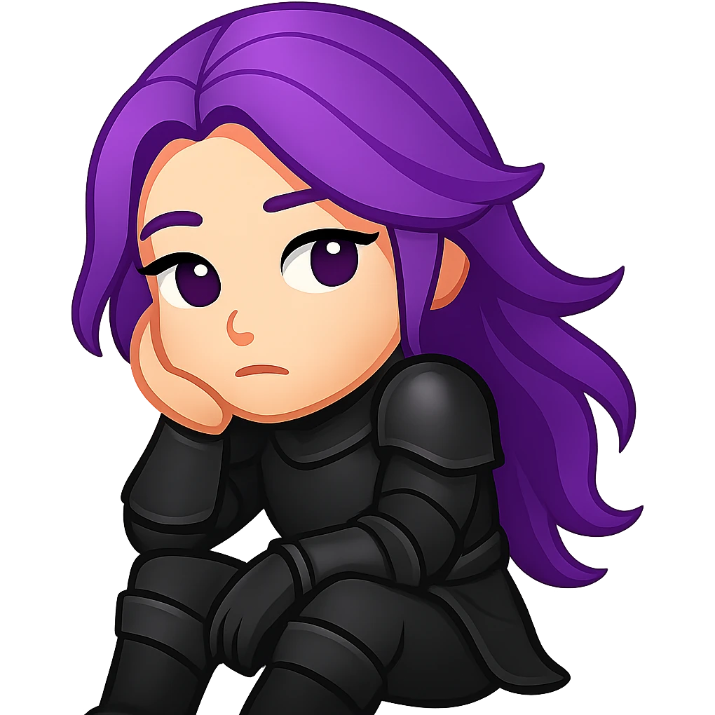 Create an emoji style image of a mysterious warrior girl with flowing purple hair and black armor sitting with one knee up, looking thoughtful. Keep the style and colors consistent with the reference image. No background. emoji