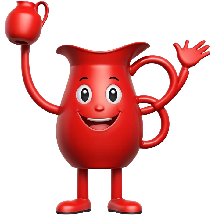 A red pitcher-shaped character with a smiley face, arms and legs, looking excited and happy, saying Oh Yeah! emoji