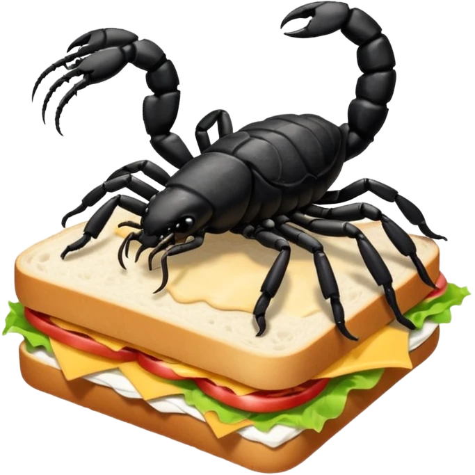 MAKE A SCORPION ON TOP OF A EHITE FLUFFY CLOUD THAT IS HOLDING A SANDWICH IN ITS CLAW AND LOOKING LIKE ITS EATING IT AND ITS NOT ON TOP OF THE SANDWICH ITS HOLDING IT AND NO SANDWICH UNDER ITS FEET OMG JUST MAKE A CLOUD AND ON TOP OF IT IT SHOULD BE A SCORPRON. HOLDING A SANDWICH emoji
