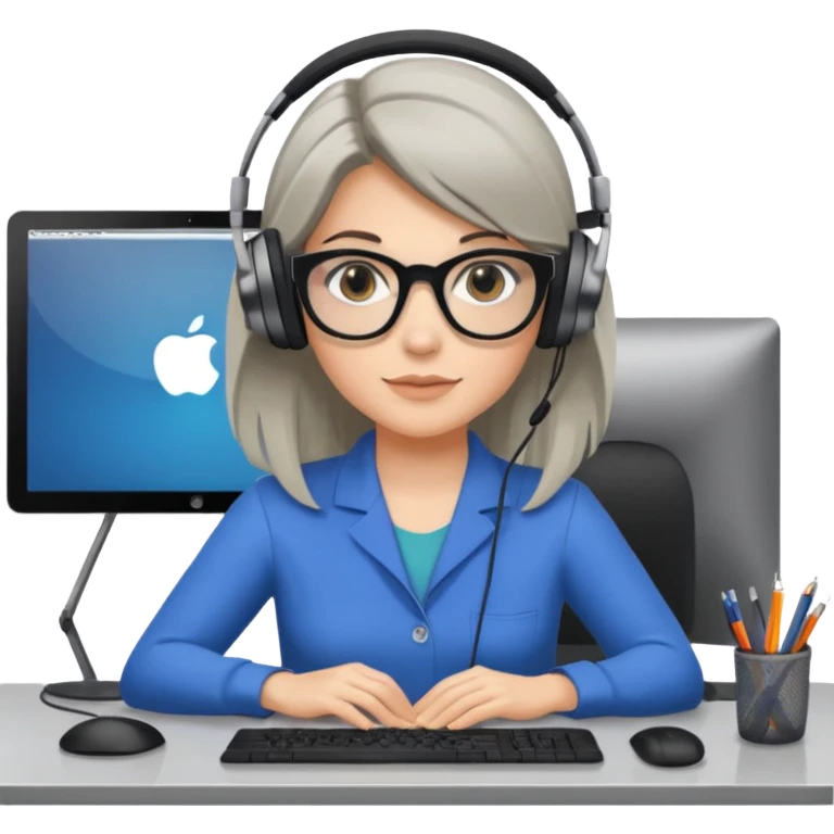 donna bionda occhi azzurri con occhiali grigio/neri, capelli media lunghezza lisci, davanti al pc alla sua scrivania. è una grafica editoriale e redattrice emoji