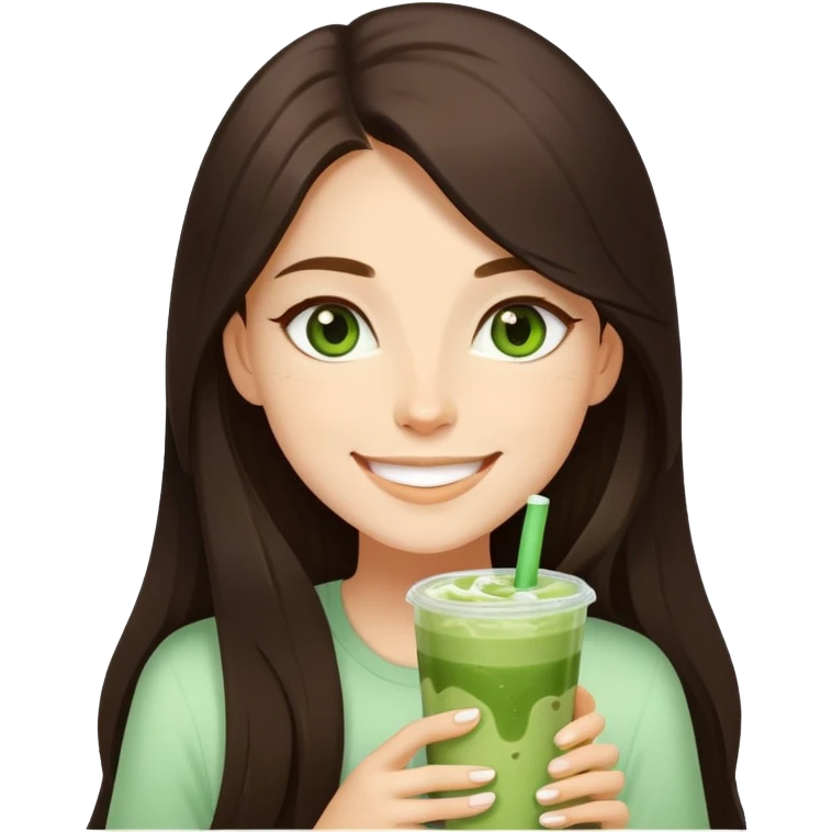 Girl with dark brown long hair and green eyes drinking iced matcha latte. She’s happy  emoji