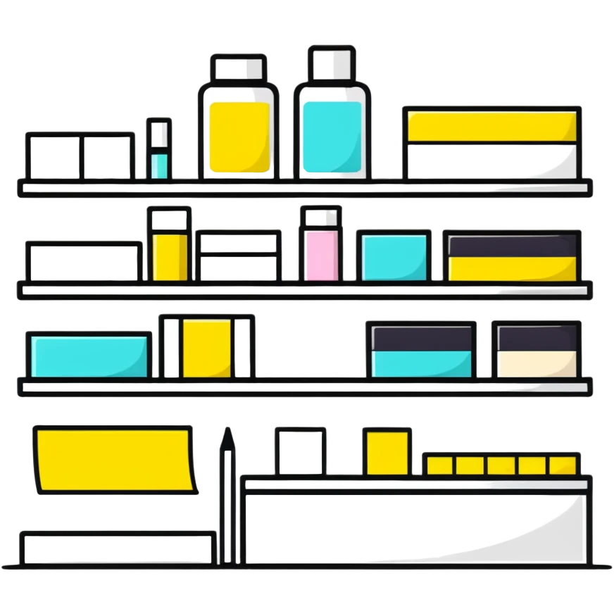 big long white shelf with luxury brand serum and big sticky note emoji