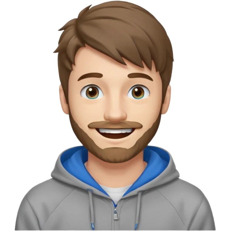 25 year old man, short scruffy beard and thin moustache, brown puffy mullet, blue eyes, big smile, white teeth, big lips, pronounced jaw, hair longer in back, sticking up on top, thin face, grey hooded sweatshirt, pale skin, big smile emoji