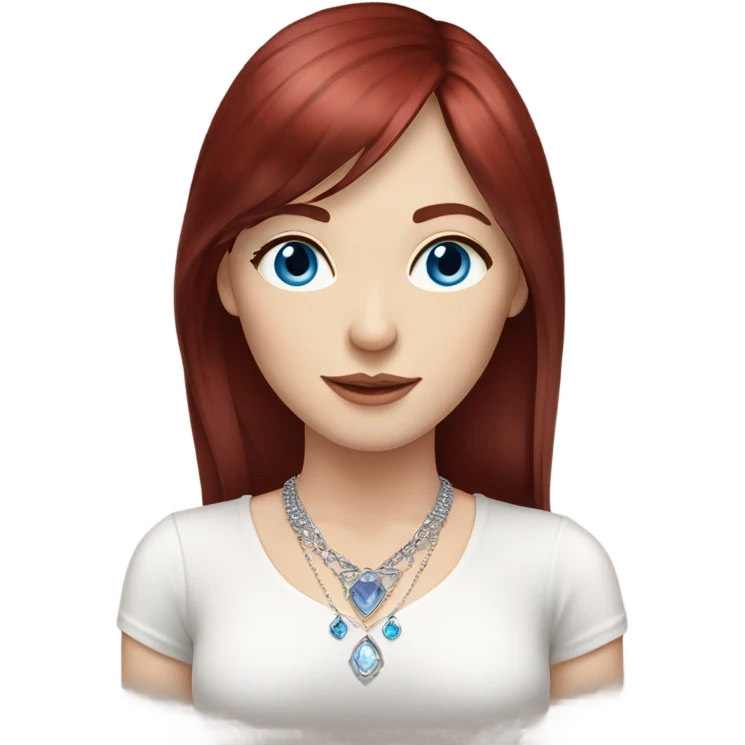 woman with pale skin, blue eyes and long dark red hair with layers and bangs, wearing a white top and silver jewellery emoji