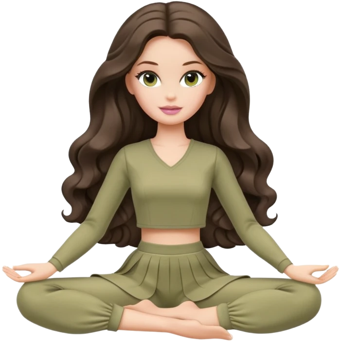A white Barbie girl with long dark brown wave hair in a pale olive clothes Sitting on the splits emoji