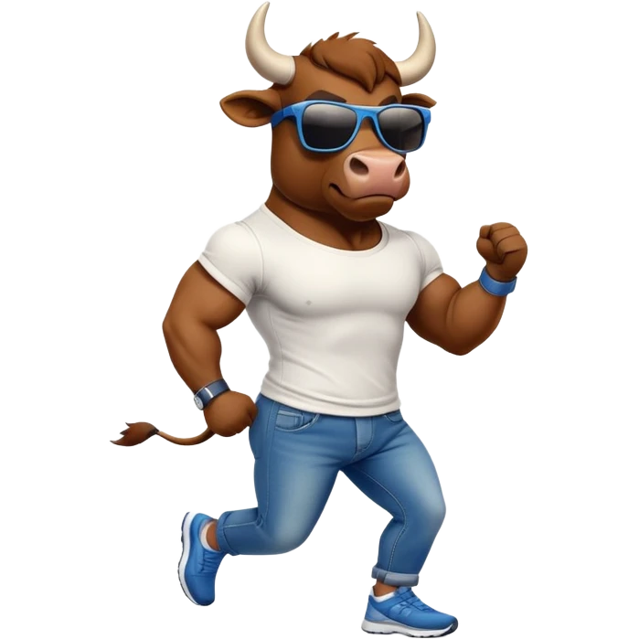 friendly anthropomorphised bull in jeans and a t-shirt, wearing dark sunglasses, jogging upright emoji