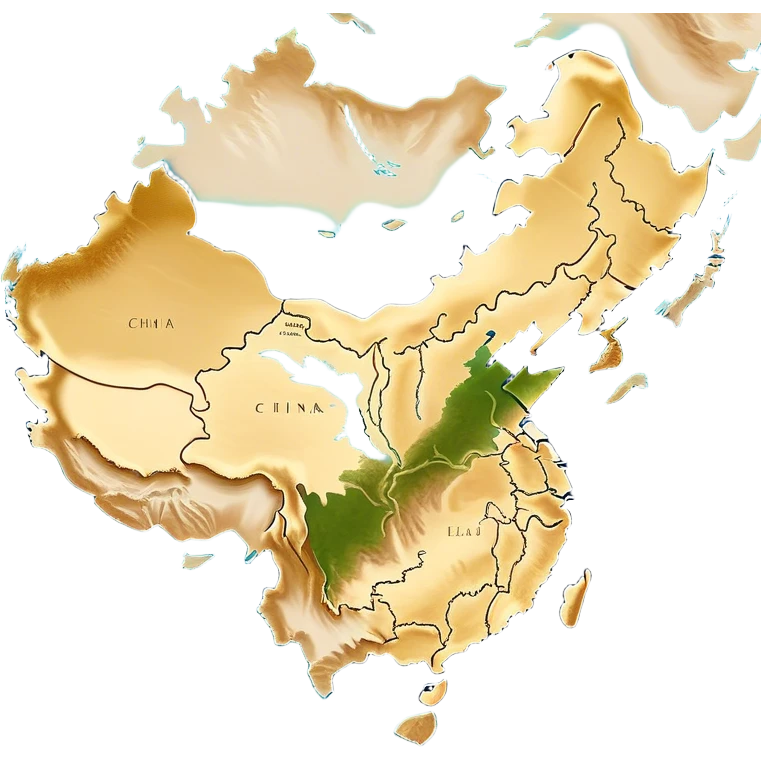 Cinematic-realistic outline of china, featuring its distinct landmass with accurately defined coastlines. The deep blue ocean surrounds the golden-brown continent, with subtle topographic shading to highlight its terrain. A soft glowing effect enhances the edges, making the shape stand out against a neutral, textured background. emoji