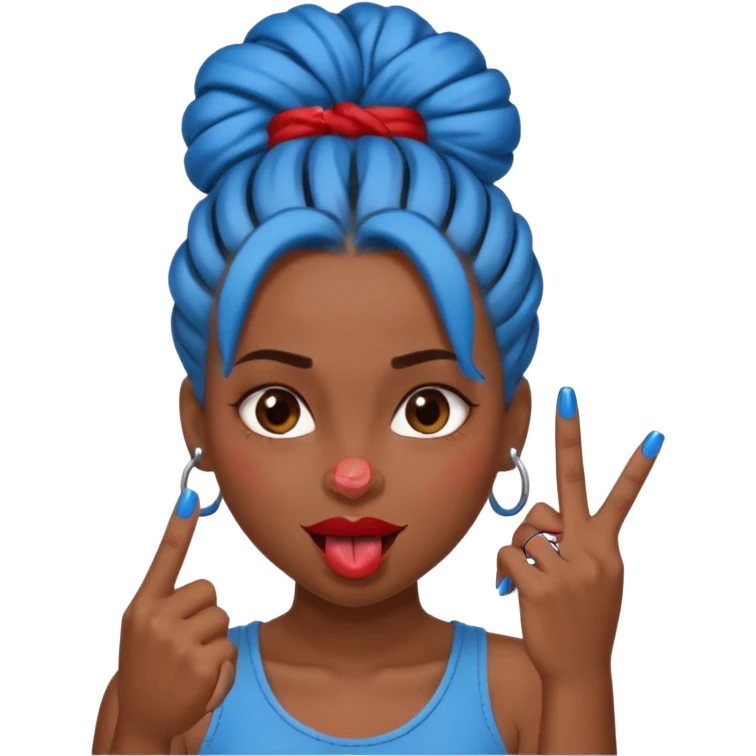 brown girl with blue locs in a bun with tongue out and red nails showing middle finger emoji