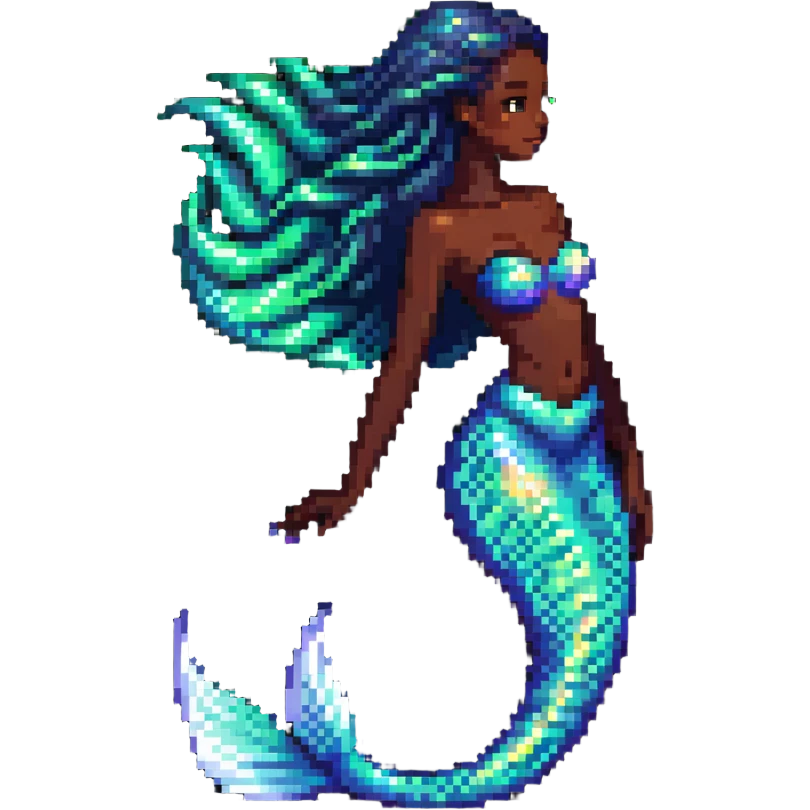 Dark-skinned mermaid with glowing iridescent tail in ocean setting emoji