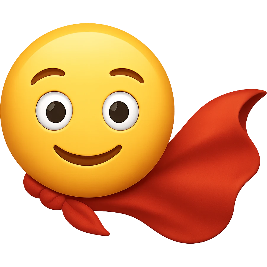 yellow face with red superhero cape, digital illustration, emoji style, no background emoji