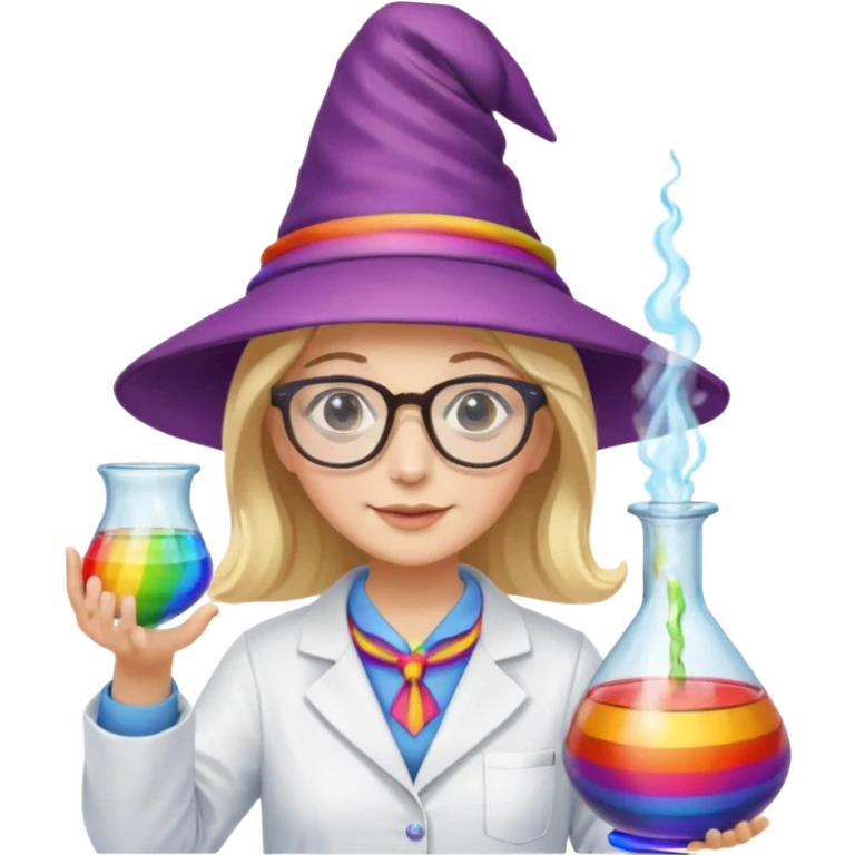 woman scientist with glasses, wearing wizard hat custome, with glass vase, rainbow emoji