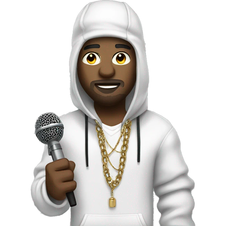 a rapper with a mic in his white , dressed like a rock member emoji