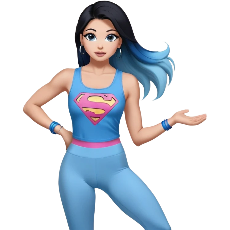 Tall-full chest-hand heat emoji-long legs-huge female chest-very excited-model beautiful face-black leggins-light-pink-lips-very long-very-straight-dark-blue-ombre-hair-and-blue-eyes-thick-black-eyeliner-thick-long-eyelashes-sky blue-superman-lower cut tank top-silver-hoop-earrings emoji