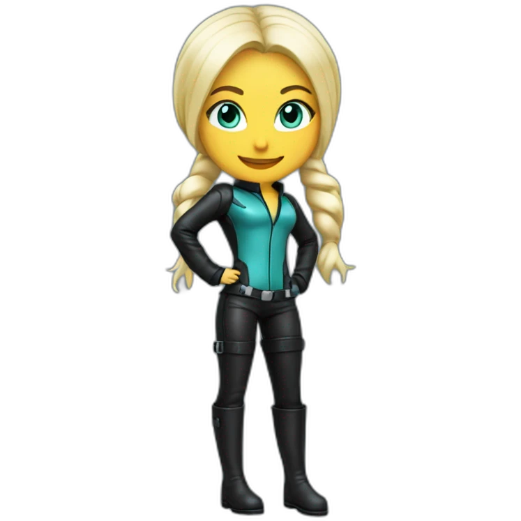 1 girl, leather suit, latex legwear, leather skirt, platinum blonde hair, ponytail, smirk, aqua eyes, leather boots emoji