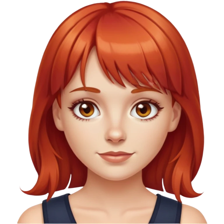 White girl with red hair with bangs, hazel eyes, dimples emoji