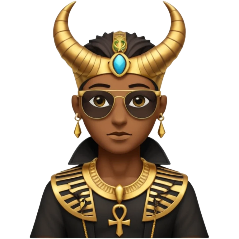 3D cartoon horned character portrait, wearing sunglasses, gothic ancient Egyptian style, pharaoh collar, dark gold and black outfit, ankh symbols, Egyptian jewelry, mysterious expression, soft dramatic lighting, centered, clean background, no text, no watermark emoji