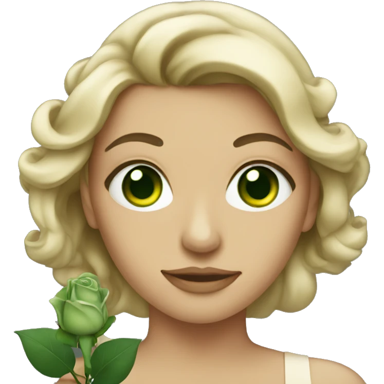 Green eyed woman holding rose emoji