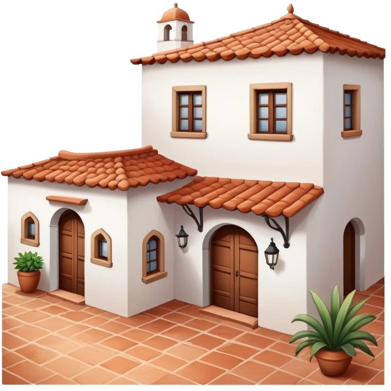 Traditional Spanish hacienda with white walls, terracotta roof, iron details, and small courtyard emoji