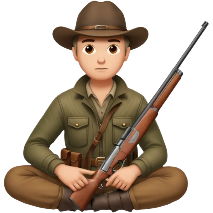 male hunter sitting with a shotgun across his lap, relaxed pose emoji