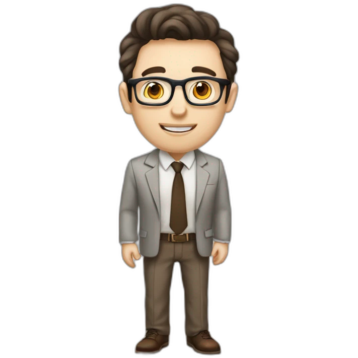 Pale skinned fit man with dark brown hair in gray jacket, beige office shirt, brown tie, brown pants and vintage glasses Writing text on the flipchart emoji