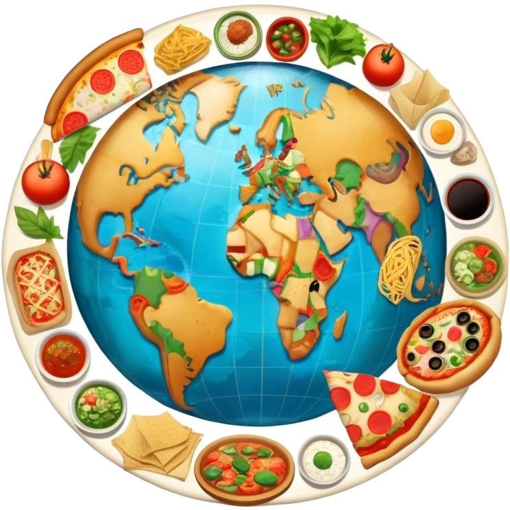 Icon for Gastronomic Tourism: a globe with various cuisines from around the world, such as pizza, sushi, tacos, and pasta, surrounded by food-related travel elements like a fork, knife, and map. Transparent background. emoji