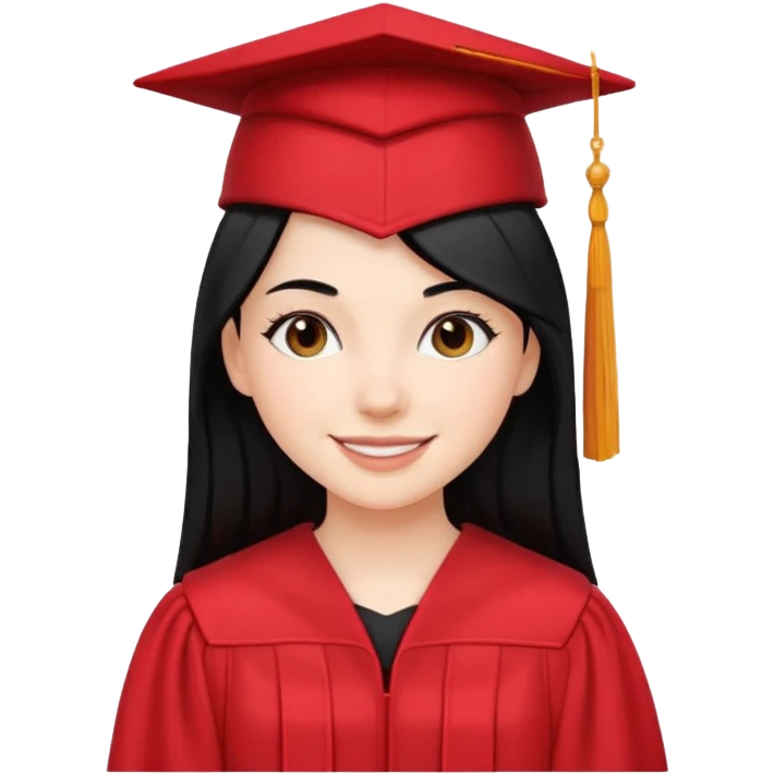 white girl with straight black hair graduating in a red cap and gown, smiling emoji