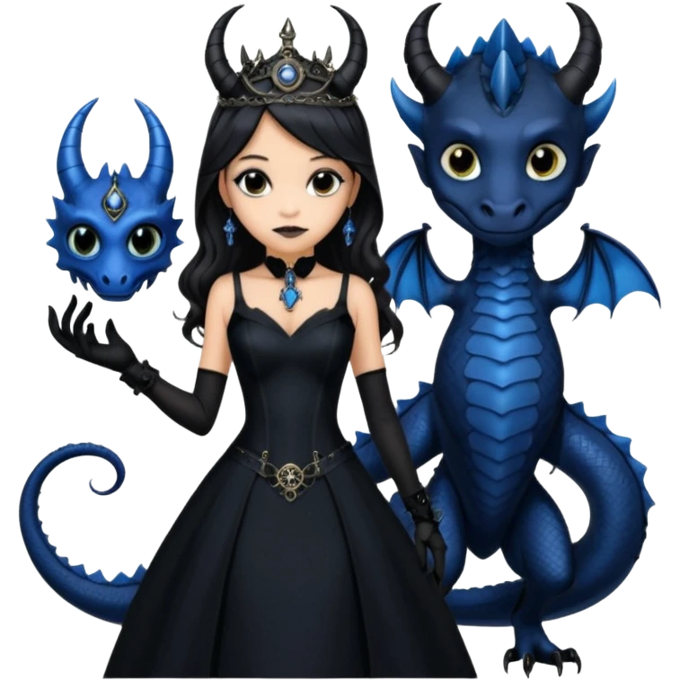 Slim fitting seductive dress Holed and worn Lavish black evening gown with see-through wispy black gloves , Jenna Ortega as Addams woman wearing a steampunk style mini tiara, very large blue evil-looking horned old dragon companion with evil eyes  emoji