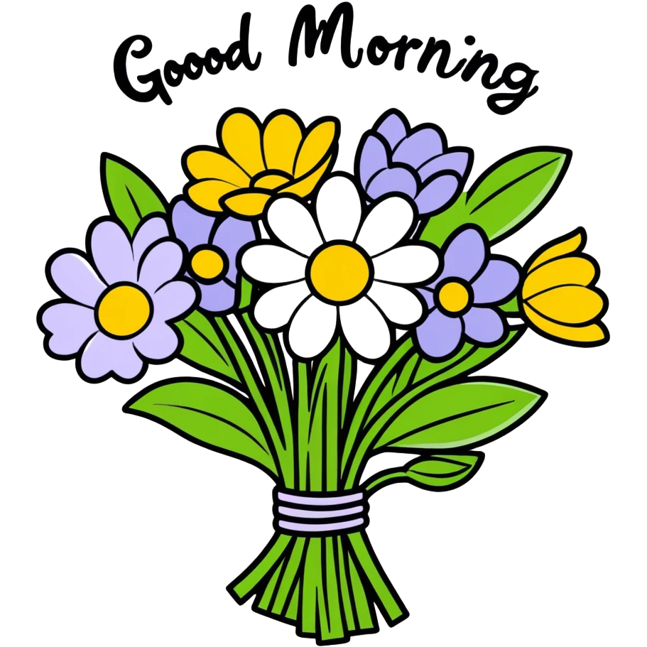 Spring flowers in beautiful garden with morning sun with inscription Good morning  emoji