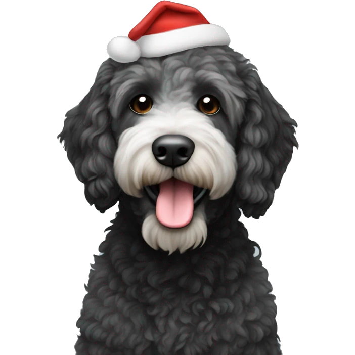 Black and white labradoodle wearing a Santa hat emoji