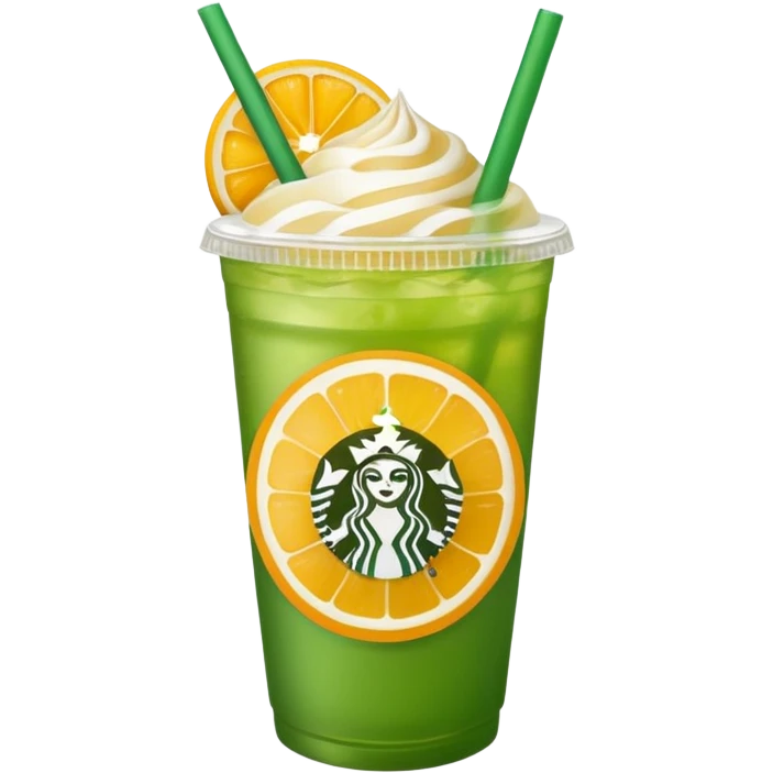 Starbucks summer with green straw, citrus slices, refreshing look, vibrant emoji style emoji